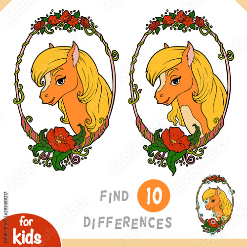 Find differences, education game for children, Cute horse in a floral frame