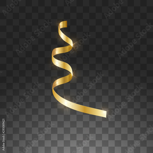 Glowing hanging curl serpentine. Golden yellow metallic color New Year Christmas decoration design element gold streamer isolated on transparent background. Vector illustration