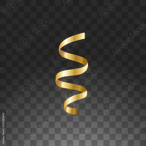 Glowing hanging curl serpentine. Golden yellow metallic color New Year Christmas decoration design element gold streamer isolated on transparent background. Vector illustration