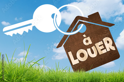 Vászonkép Maison à louer, panneau en bois sur fond herbe et ciel bleu