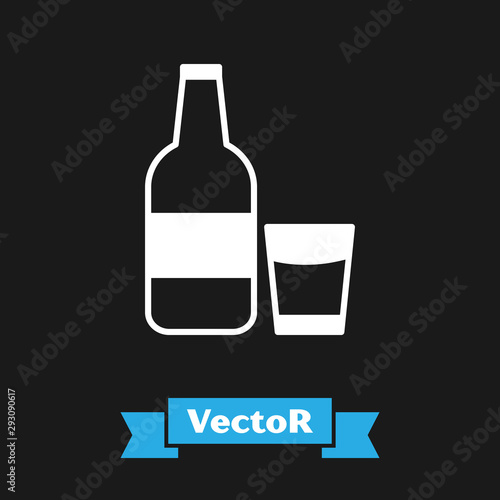 White Closed glass bottle with milk and glass icon isolated on black background. Vector Illustration