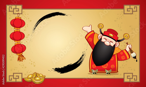Chinese wealth god and a background with Chinese elements.