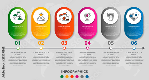 Vector modern infographic flat template pin for six paper label, diagram, graph, presentation. Business concept with 6 options and marks. Blank space for content, step for step, timeline, workflow