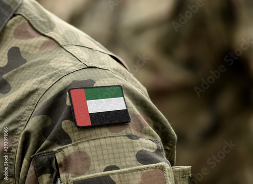 Flag of United Arab Emirates (UAE) on military uniform (collage). photo