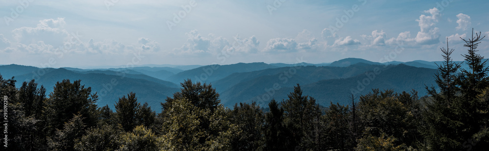 panoramic shot of trees and mountains against sky with clouds