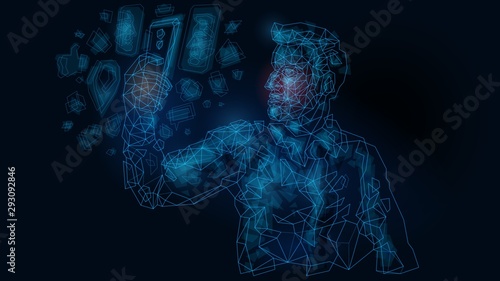 wireframe boy man with  in hand  device phone