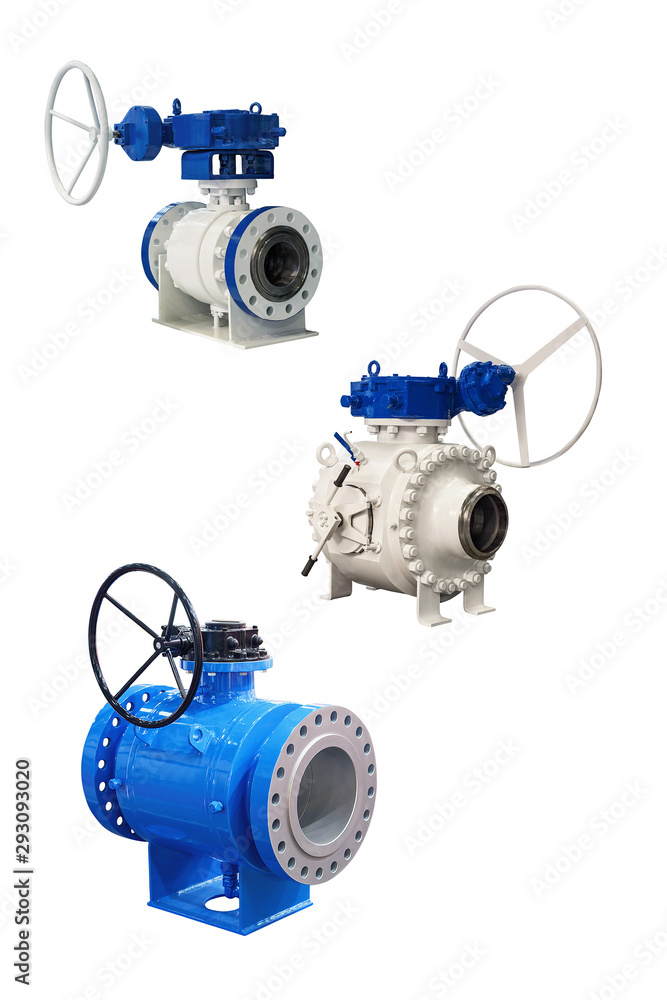 three modern ball valve with manual control using a powerful box isolated on white background three modern ball valve with manual control using a powerful box isolated on white background