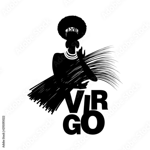 Tribal zodiac. Virgo. Woman in patterned dress with plants, earrings and necklaces, holding a bunch of reeds, isolated on white background