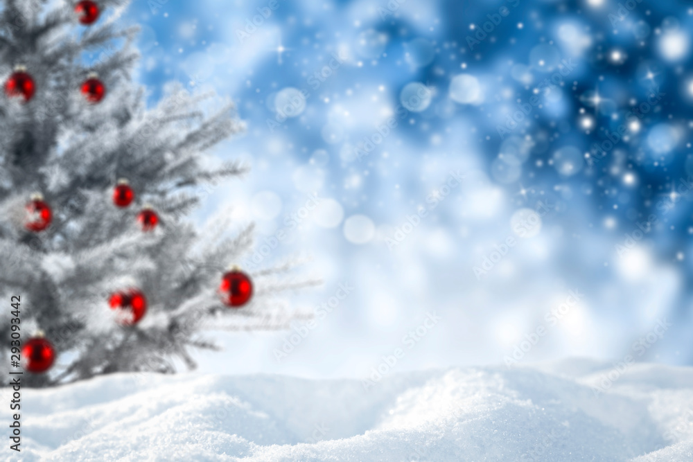 Chrismtas background of snow and free space for your decoration. Blurred space and xmas tree Chrismtas background of snow and free space for your decoration. Blurred space and xmas tree
