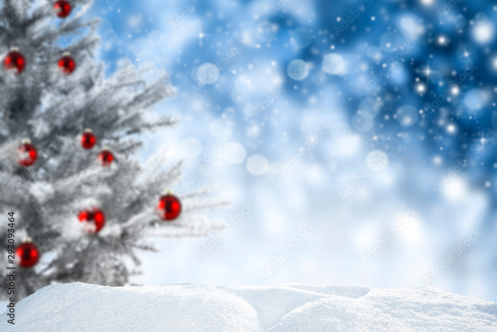Chrismtas background of snow and free space for your decoration. Blurred space and xmas tree Chrismtas background of snow and free space for your decoration. Blurred space and xmas tree