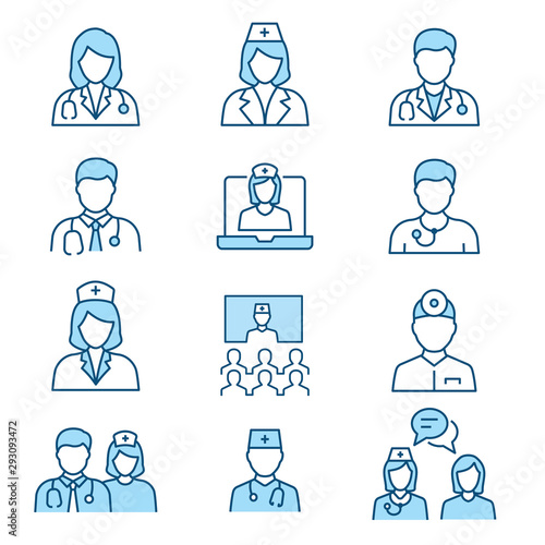 Doctor flat line icon set. Vector illustration. Editable stroke.