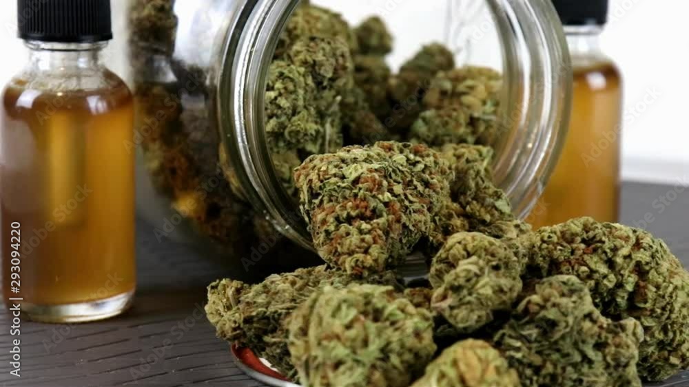 Slow Pan Around Jar of Medical Marijuana and 2 Bottles of Cannabis Tincture Slow Pan Around Jar of Medical Marijuana and 2 Bottles of Cannabis Tincture