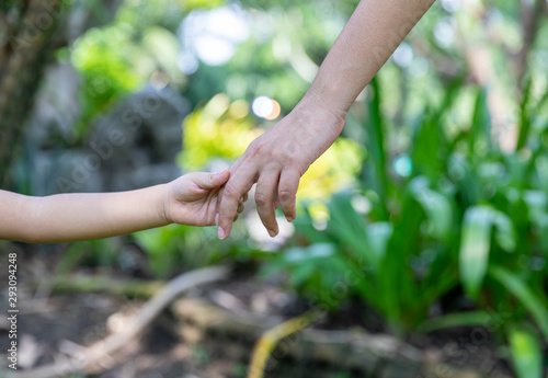 Mother's and child hold hands. Happy in the garden. Mother's love in the hand, on the palm