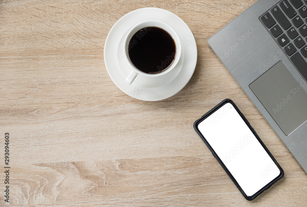 top view coffee cup smartphone and laptop on wooden table background top view coffee cup smartphone and laptop on wooden table background