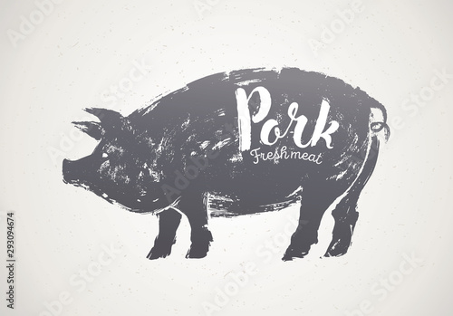 Pig silhouette illustration in graphic style, pork label.