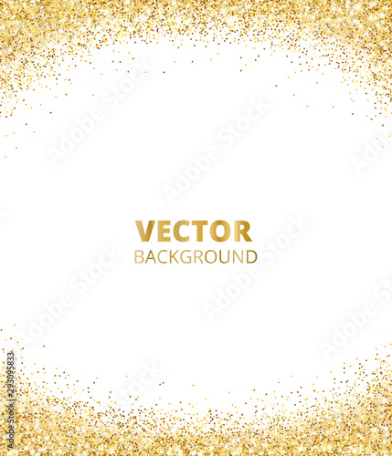 Sparkling glitter border, frame. Falling golden dust isolated on white background. Vector gold glittering decoration.