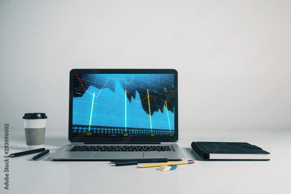 Laptop closeup with forex graph on computer screen. Financial trading and education concept. 3d rendering. Laptop closeup with forex graph on computer screen. Financial trading and education concept. 3d rendering.