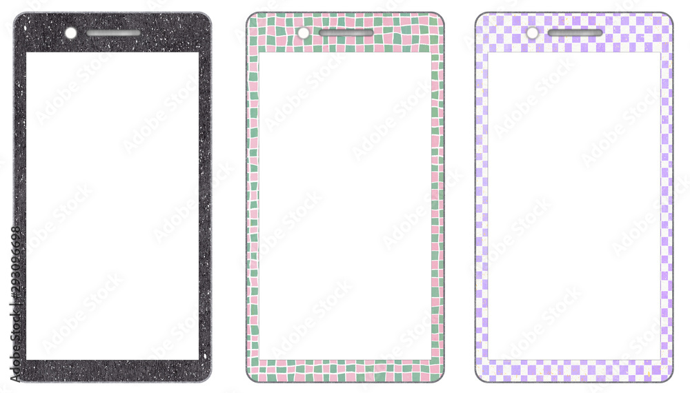 日本製スマホ　和柄のスマートフォン3種と白い画面