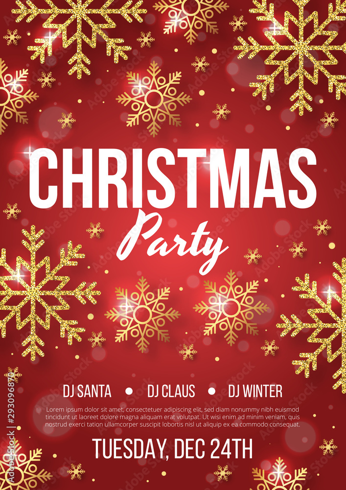 Christmas party poster with golden snowflake on red background. Vector illustration Christmas party poster with golden snowflake on red background. Vector illustration