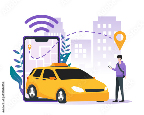 Car sharing service, online taxi, mobile city transportation concept. Man order vehicle on street by smartphone app