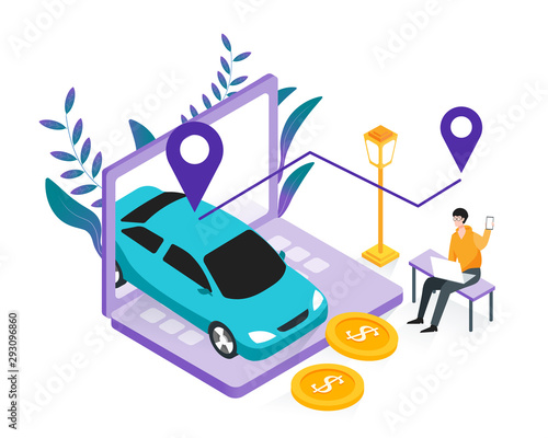 Car sharing service, online taxi, rent car, mobile city transportation concept. Man ordering online taxi cab with point location