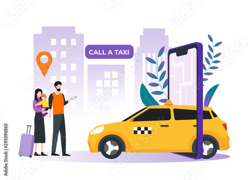 Car sharing service, online taxi, mobile city transportation concept. Family ordering taxi with smartphone app