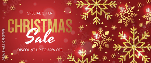 Christmas sale banner with golden snowflake on red background. Vector illustration 