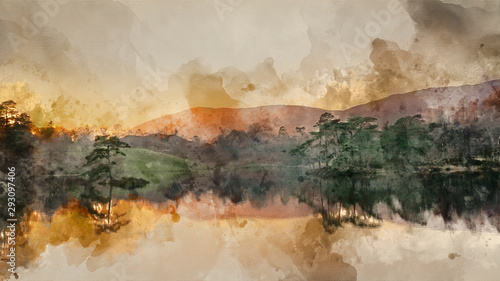 Obraz Cyfrowe malarstwo akwarelowe piękny obraz krajobrazu Tarn Hows w Pojezierzu