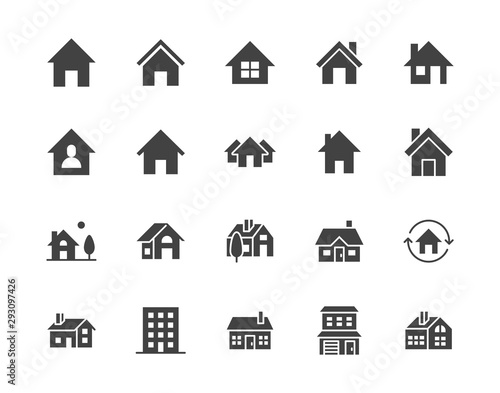 Houses flat glyph icons set. Home page button, residential building, country cottage, apartment vector illustrations. Simple black signs for real estate. Silhouette pictogram pixel perfect 64x64