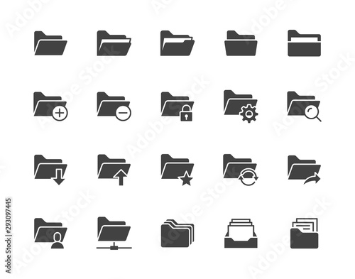 Folders flat glyph icons set. File catalog, document search, folder synchronization, local network vector illustrations. Black minimal signs for web site. Silhouette pictogram pixel perfect 64x64