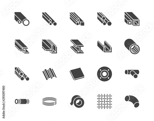Stainless steel flat glyph icons set. Metal sheet, coil, strip, pipe, armature vector illustrations. Black signs metallurgy products, construction industry. Silhouette pictogram pixel perfect 64x64