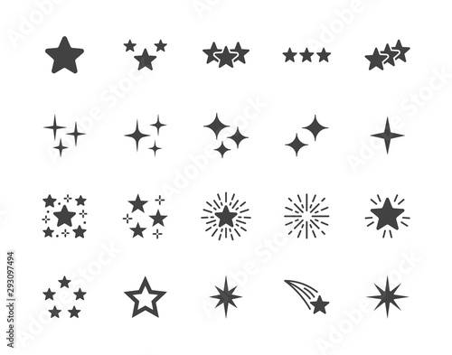 Stars flat glyph icons set. Starry night  falling star  firework  twinkle  glow  glitter burst vector illustrations. Black signs for glossy material property. Silhouette pictogram pixel perfect 64x64