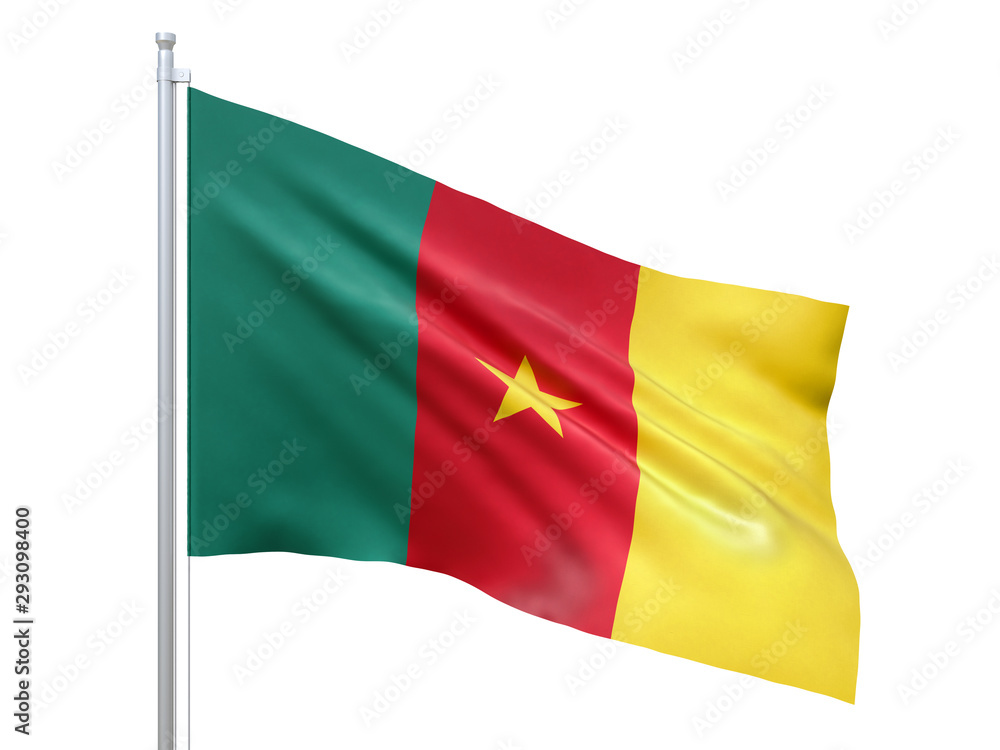 Cameroon flag waving on white background, close up, isolated. 3D render Cameroon flag waving on white background, close up, isolated. 3D render