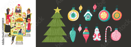 Merry Christmas. The family celebrates Christmas at the festive table. Vector illustration.