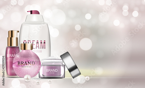 Shower Gel Bottle Template for Ads or Magazine Background. 3D Realistic Vecto...