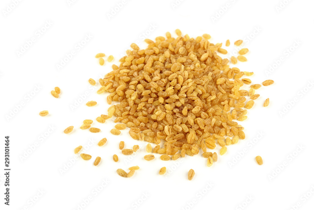 Close up heap of bulgur grains isolated on white Close up heap of bulgur grains isolated on white