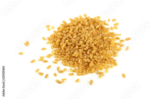 Close up heap of bulgur grains isolated on white