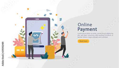 E-commerce market shopping online illustration with tiny people character. mobile payment or money transfer concept. template for web landing page, banner, presentation, social media, print media.