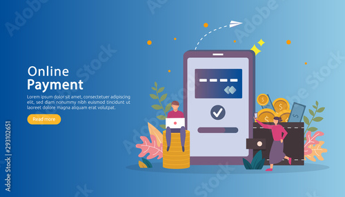 E-commerce market shopping online illustration with tiny people character. mobile payment or money transfer concept. template for web landing page, banner, presentation, social media, print media.