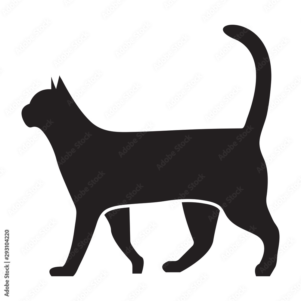 Black cat silhouette. Elegant cat sitting side view with turn around head.