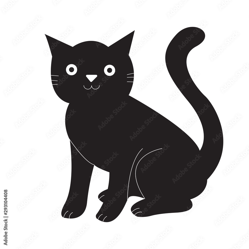 Fototapeta Black cat silhouette. Elegant cat sitting side view with turn around head.