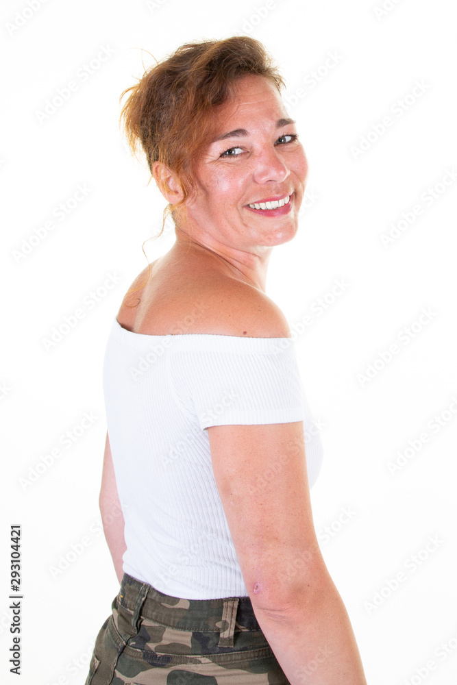 backside behind laughing woman against white background backside behind laughing woman against white background