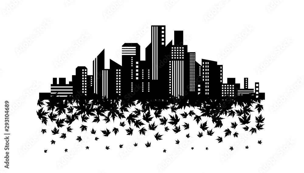 City scape with flying down maple leaves. Vector decoration from scattered elements. Monochrome isolated silhouette. Conceptual illustration.