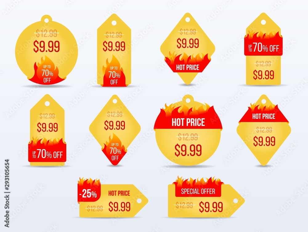 Hot Price bage set. Special offer sale tag discount symbol retail sticker sign price. Vector illustration.