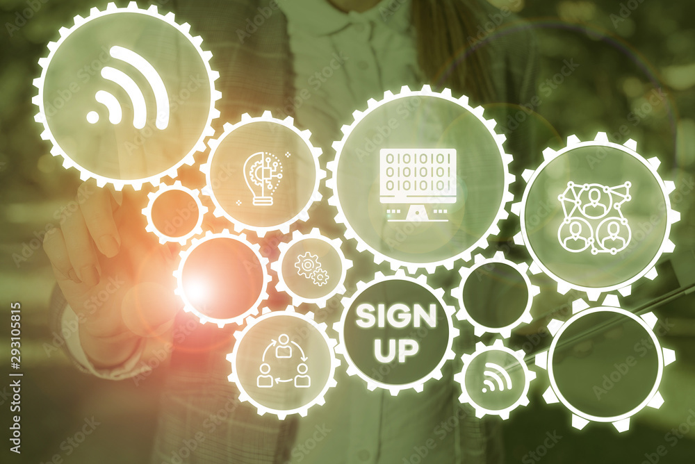 Word writing text Sign Up. Business photo showcasing use your information to register in website team college or blog Woman wear formal work suit presenting presentation using smart device