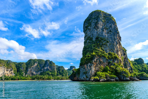 Railay West Beach with beautiful rock formation and landscape scenery in Krabi province - tropical coast with paradise beaches - Thailand