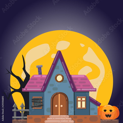 Halloween card with abandoned house, full moon and pumpkin. Vector illustration