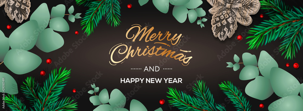 Merry Christmas and Happy New Year horizontal poster. Holiday template with branches eucalyptus, spruce branches and berries on dark background. Winter background, vector illustration. - obrazy, fototapety, plakaty 