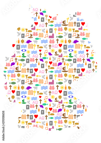 Deutschlandkarte aus christlichen Symbolen und Zeichen.