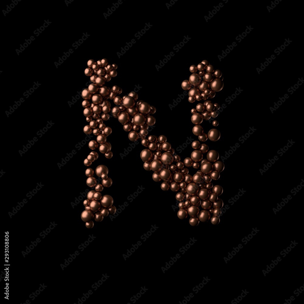 Abstract bronze letter N made of tiny spheres on black background.3D rendering. Fancy alphabet Abstract bronze letter N made of tiny spheres on black background.3D rendering. Fancy alphabet